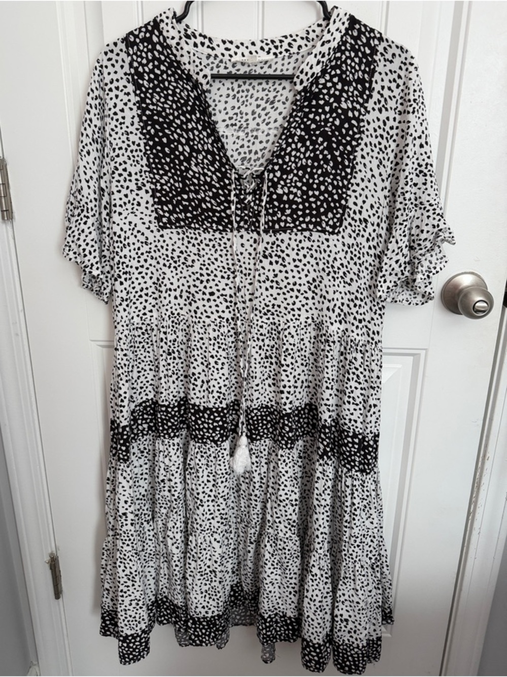 Black & White Dot Tie-Front Tiered Dress